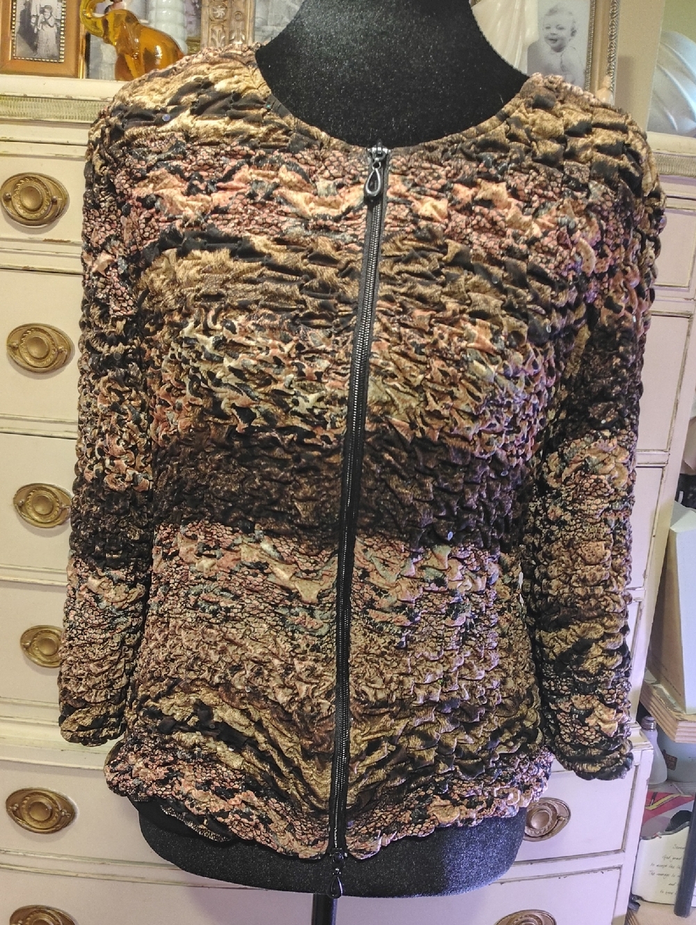 Joseph Ribkoff Multi-Tone Brown Textured Zip Bomber Jacket